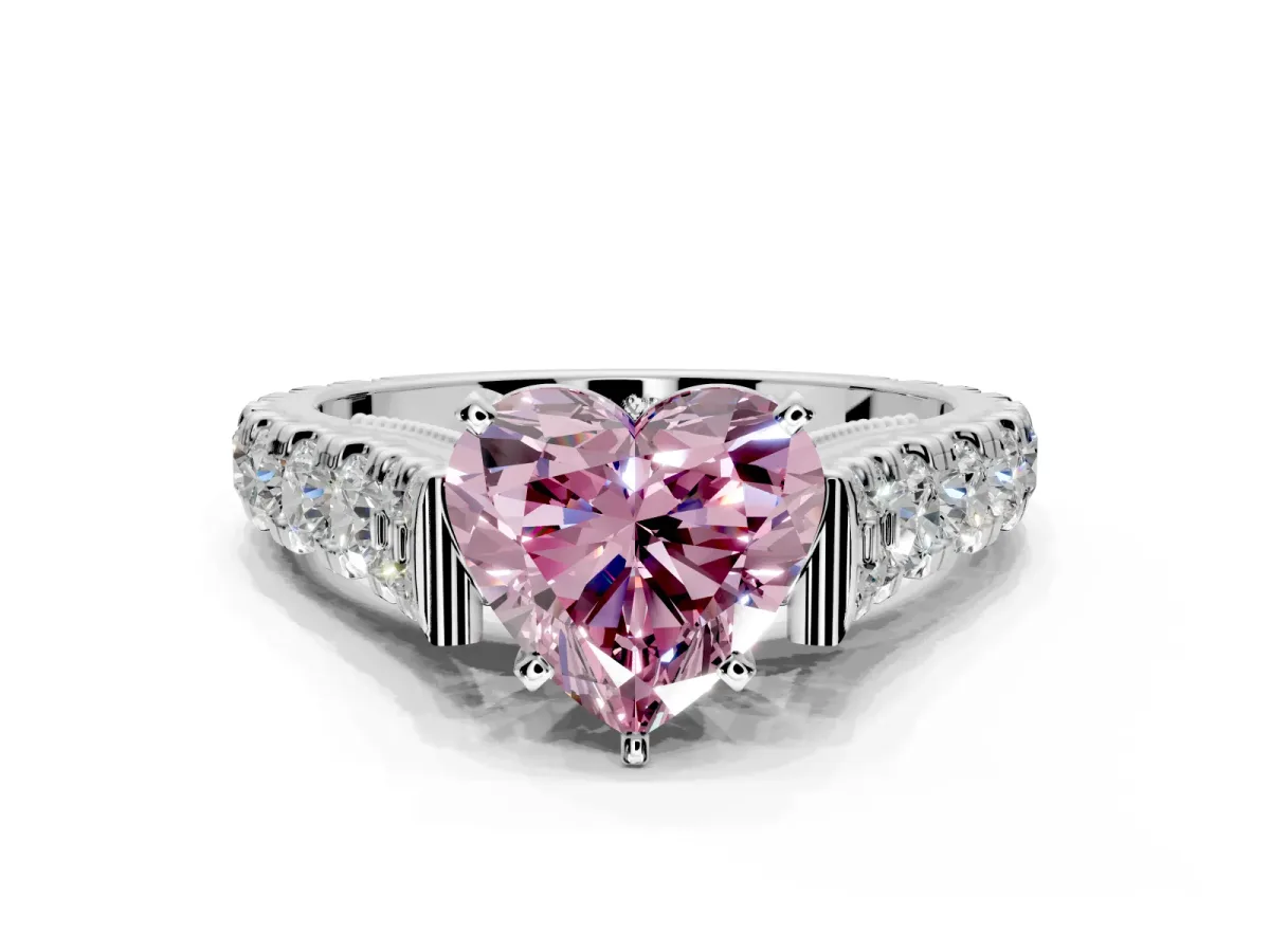 Solitaire Engagement Ring Setting for Fancy Pink Heart-Shaped Center with Pave Cathedral Shoulders and Prong Head in Platinum