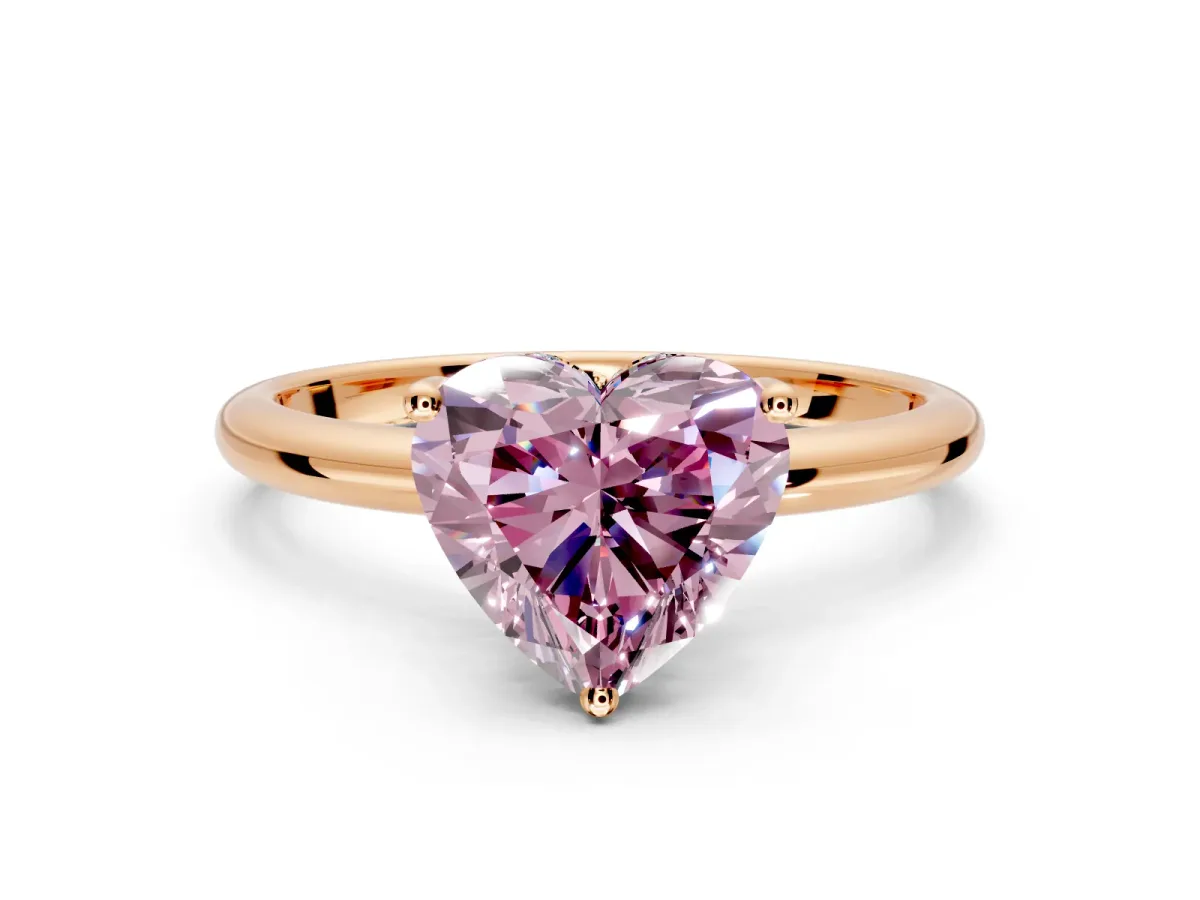 Hidden Halo Engagement Ring Setting for Fancy Pink Heart-Shaped Center with Thin Round-Wire Band and Prong Head in Rose Gold