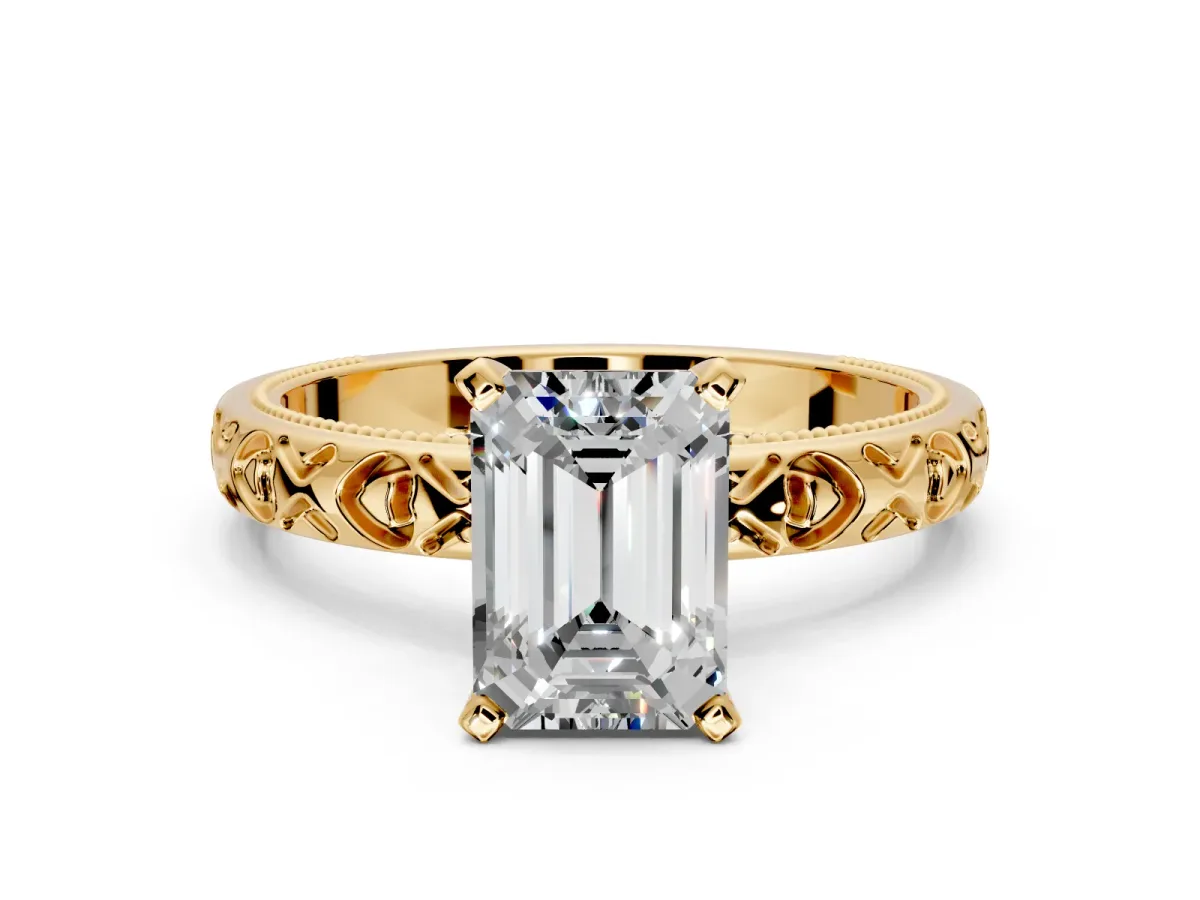 Solitaire Engagement Ring Setting for Emerald Cut Center with XO Engraved Band and Prong Head in Yellow Gold