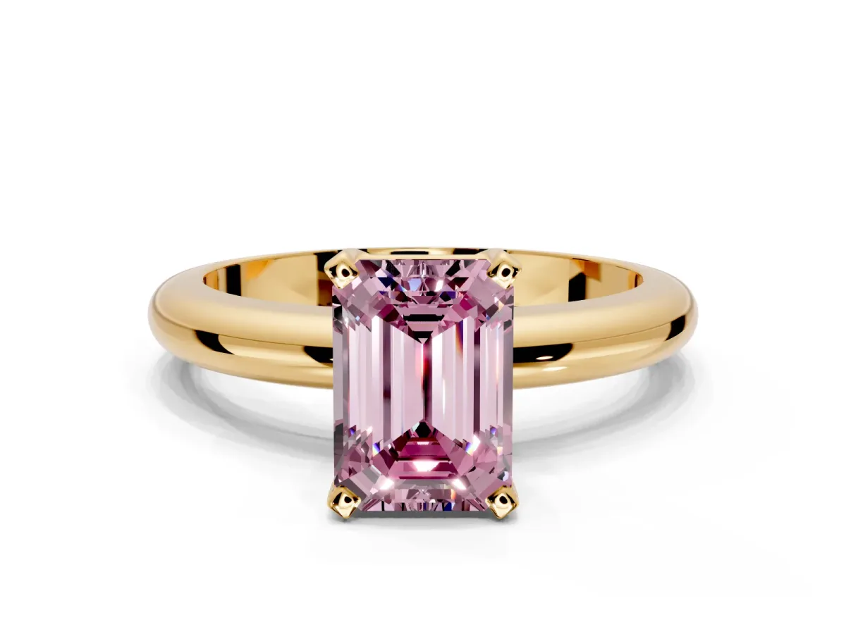 Solitaire Engagement Ring Setting for Fancy Pink Emerald Cut Center with Wire Band and Prong Head in Yellow Gold