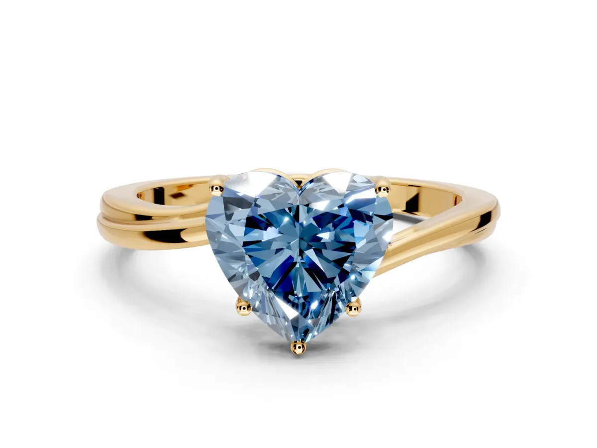 Solitaire Engagement Ring Setting for Fancy Blue Heart-Shaped Center with Plain Bypass Twist Band and Prong Head in Yellow Gold