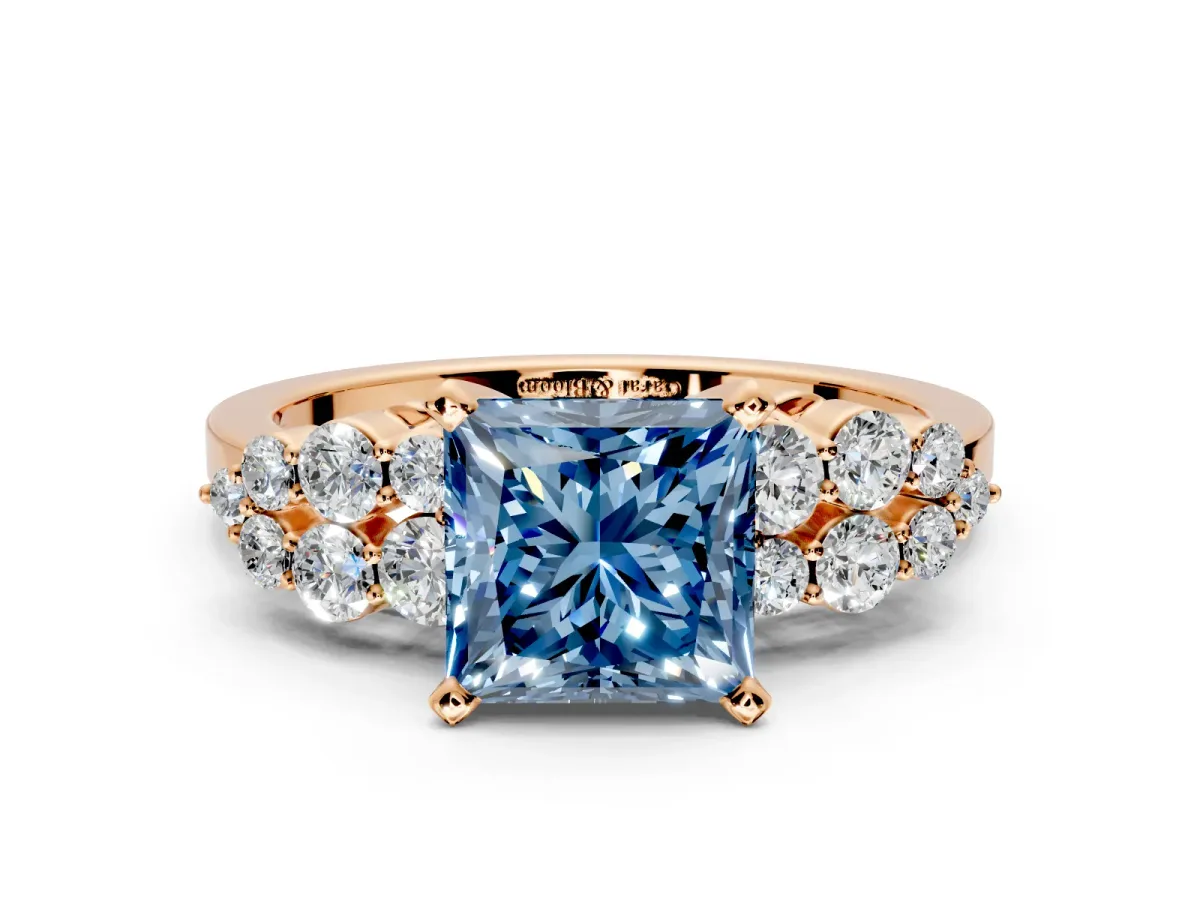 Cluster Engagement Ring Setting for Fancy Blue Princess Cut Center with 2-Row Shoulder Clusters and Prong Head in Rose Gold