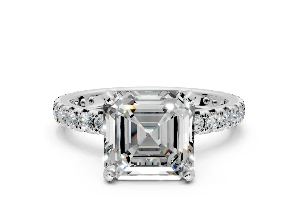 Solitaire Engagement Ring Setting for Asscher Cut Center with Shared-Prong Accents and Prong Head in Platinum