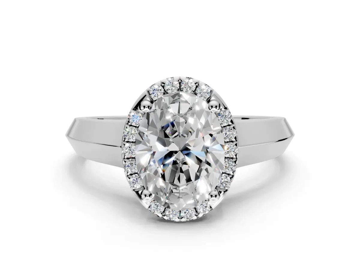 Halo Engagement Ring Setting for Oval Center with Knife Ridge Cathedral Band and Prong Head in Platinum