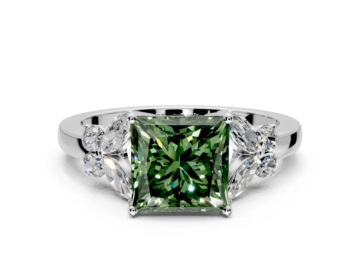 Solitaire Engagement Ring Setting for Fancy Green Princess Cut Center with Marquise Flower Shoulders and Prong Head in White Gold