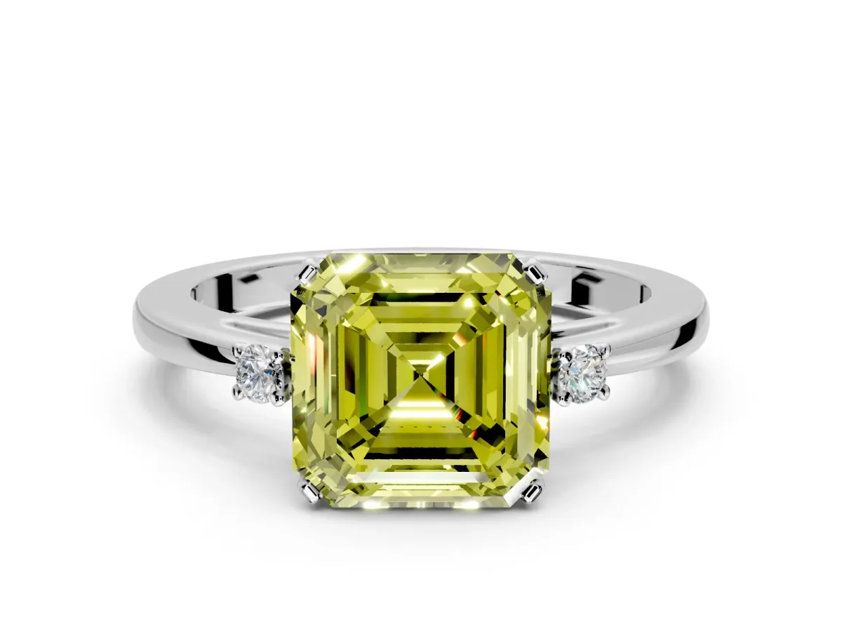3 Stone Engagement Ring Setting for Fancy Yellow Asscher Cut Center with Low-Set Round Cut Accents and Prong Head in White Gold