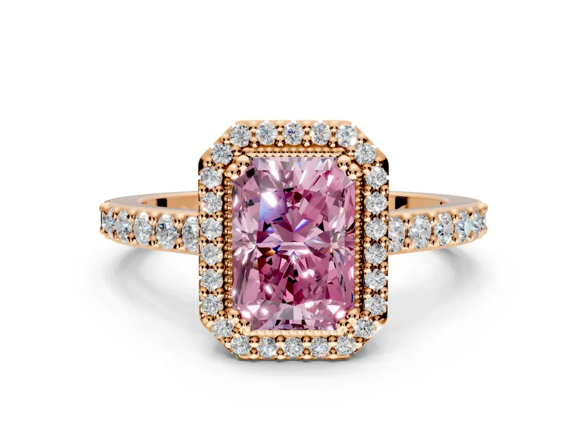 Halo Engagement Ring Setting for Fancy Pink Radiant Cut Center with Inner Milgrain Border and Prong Head in Rose Gold