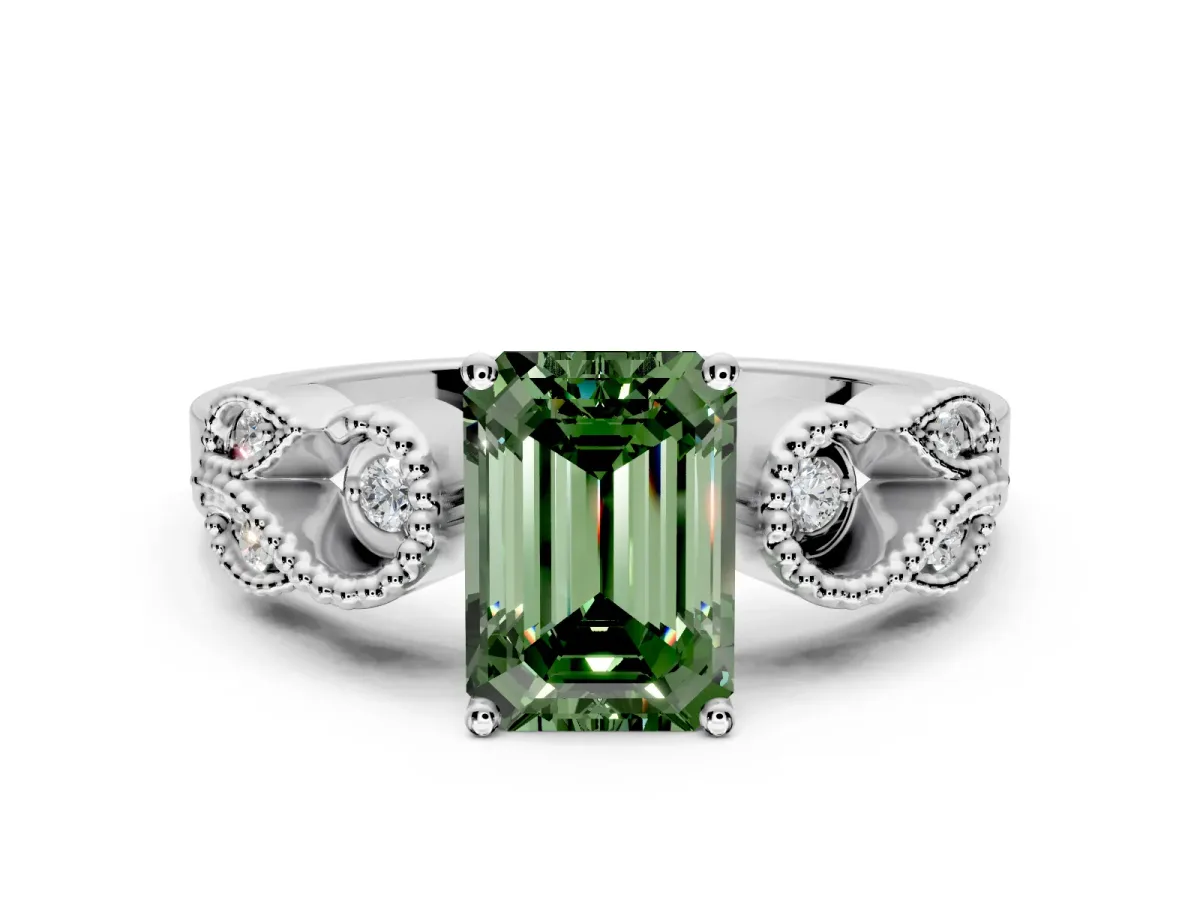 Leaf Engagement Ring Setting for Fancy Green Emerald Cut Center with Milgrain Accent Band and Prong Head in Platinum