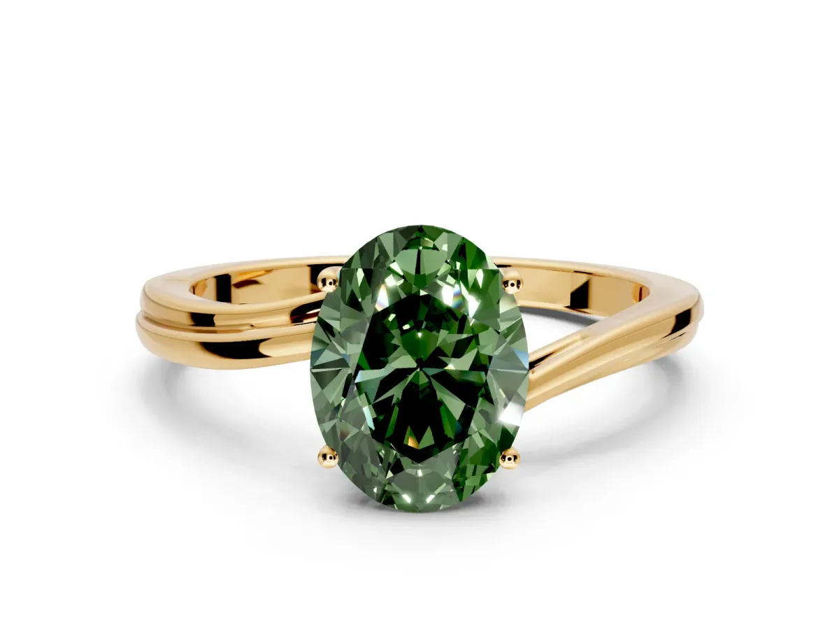 Solitaire Engagement Ring Setting for Fancy Green Oval Center with Plain Bypass Twist Band and Prong Head in Yellow Gold