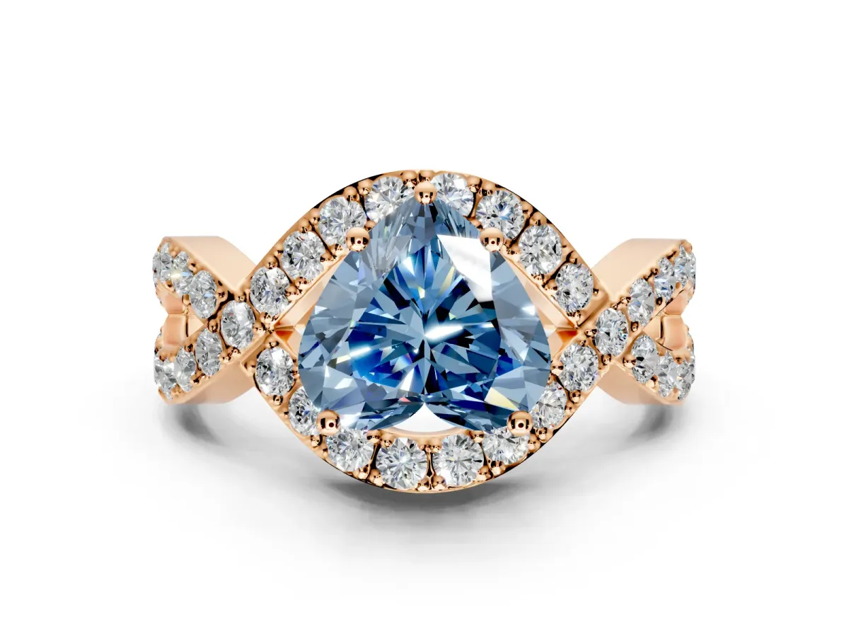 Halo Engagement Ring Setting for Fancy Blue Heart-Shaped Center with Pave Infinity Twist Band and Prong Head in Rose Gold