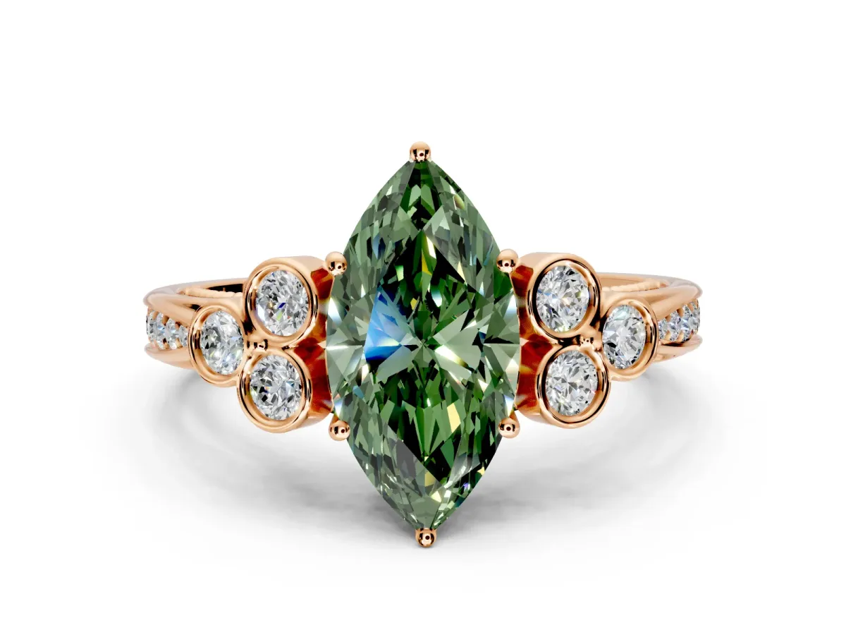 Cluster Engagement Ring Setting for Fancy Green Marquise Center with Bezel Accent Clusters and Prong Head in Rose Gold