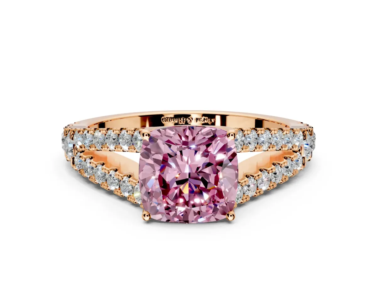 Solitaire Engagement Ring Setting for Fancy Pink Cushion Cut Center with Pave Split Shank and Prong Head in Rose Gold