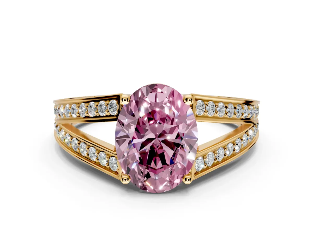 Split Shank Engagement Ring Setting for Fancy Pink Oval Center with Pave Split Shank and Prong Head in Yellow Gold