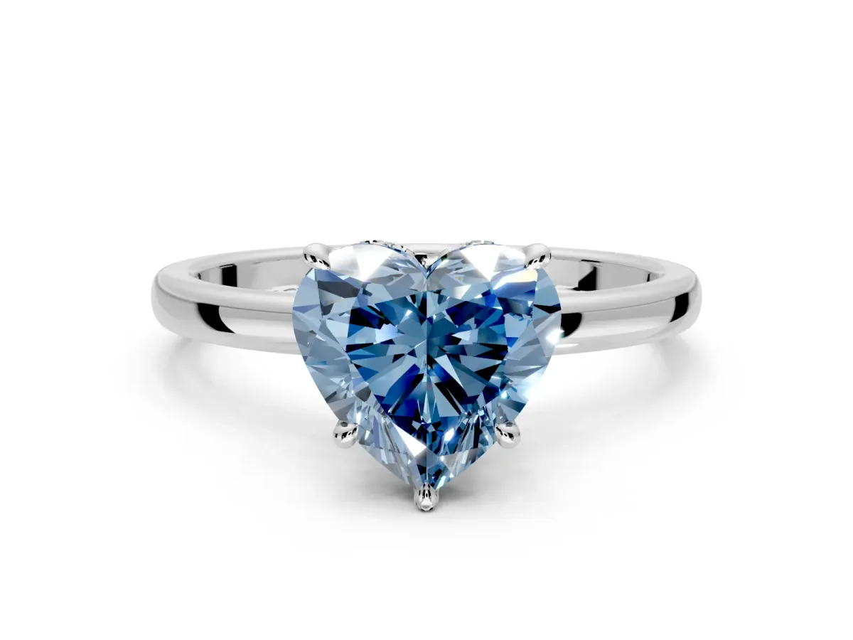 Hidden Halo Engagement Ring Setting for Fancy Blue Heart-Shaped Center with Plain Band and Tall Prong Head in Platinum