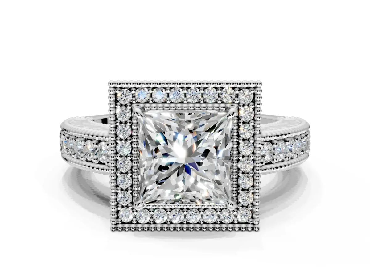 Milgrain Halo Engagement Ring Setting for Princess Cut Center with Pave Band and Prong Head in Platinum