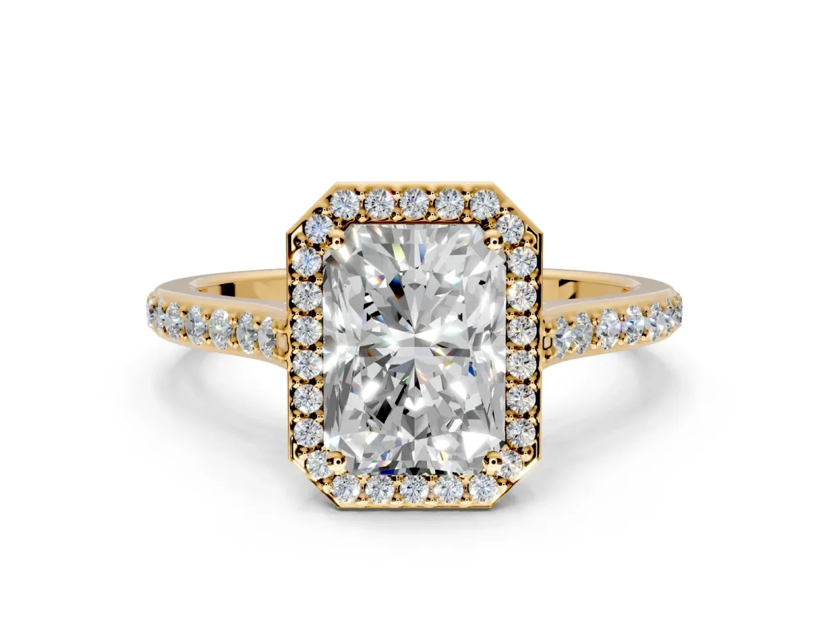 Halo Engagement Ring Setting for Radiant Cut Center with Pave Accents, Heart Basket and Prong Head in Yellow Gold