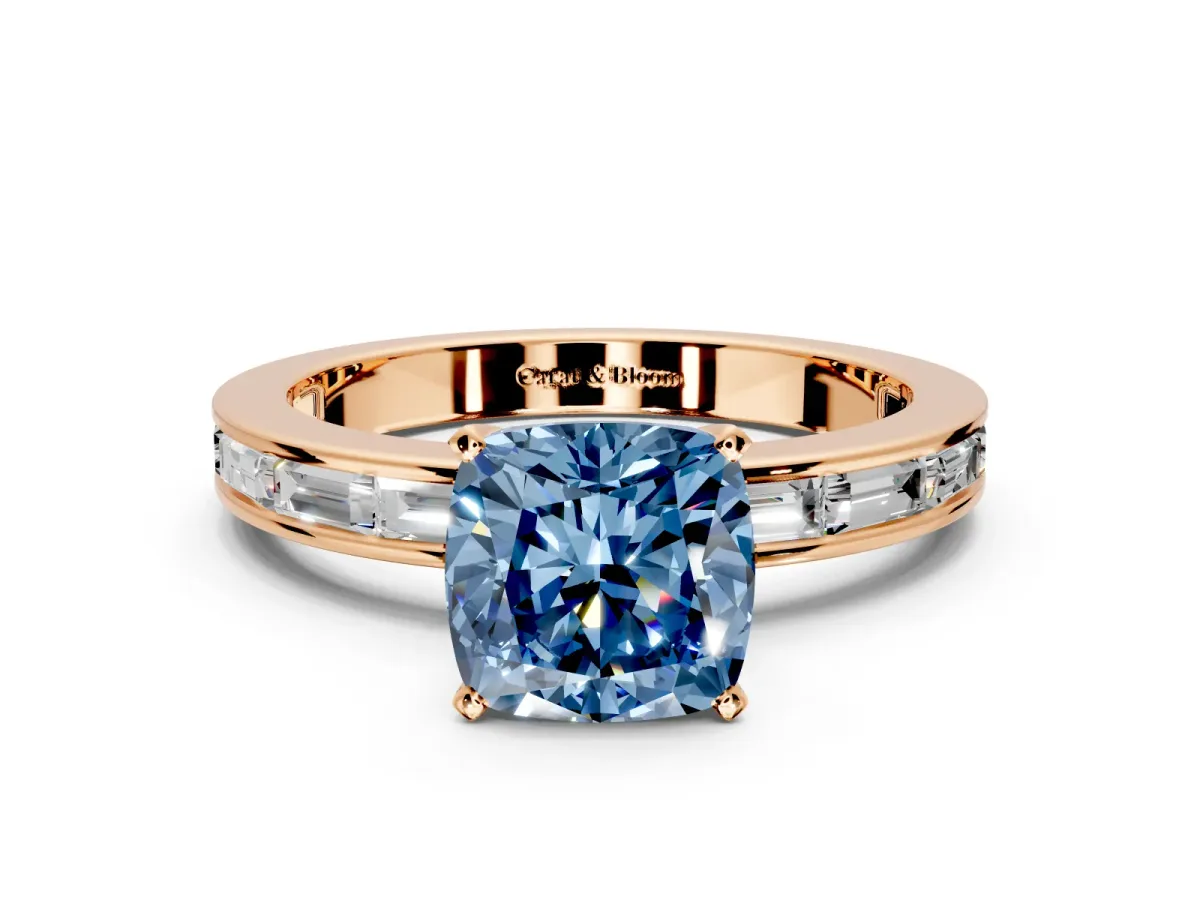 Solitaire Engagement Ring Setting for Fancy Blue Cushion Cut Center with Channel Baguette Band and Prong Head in Rose Gold