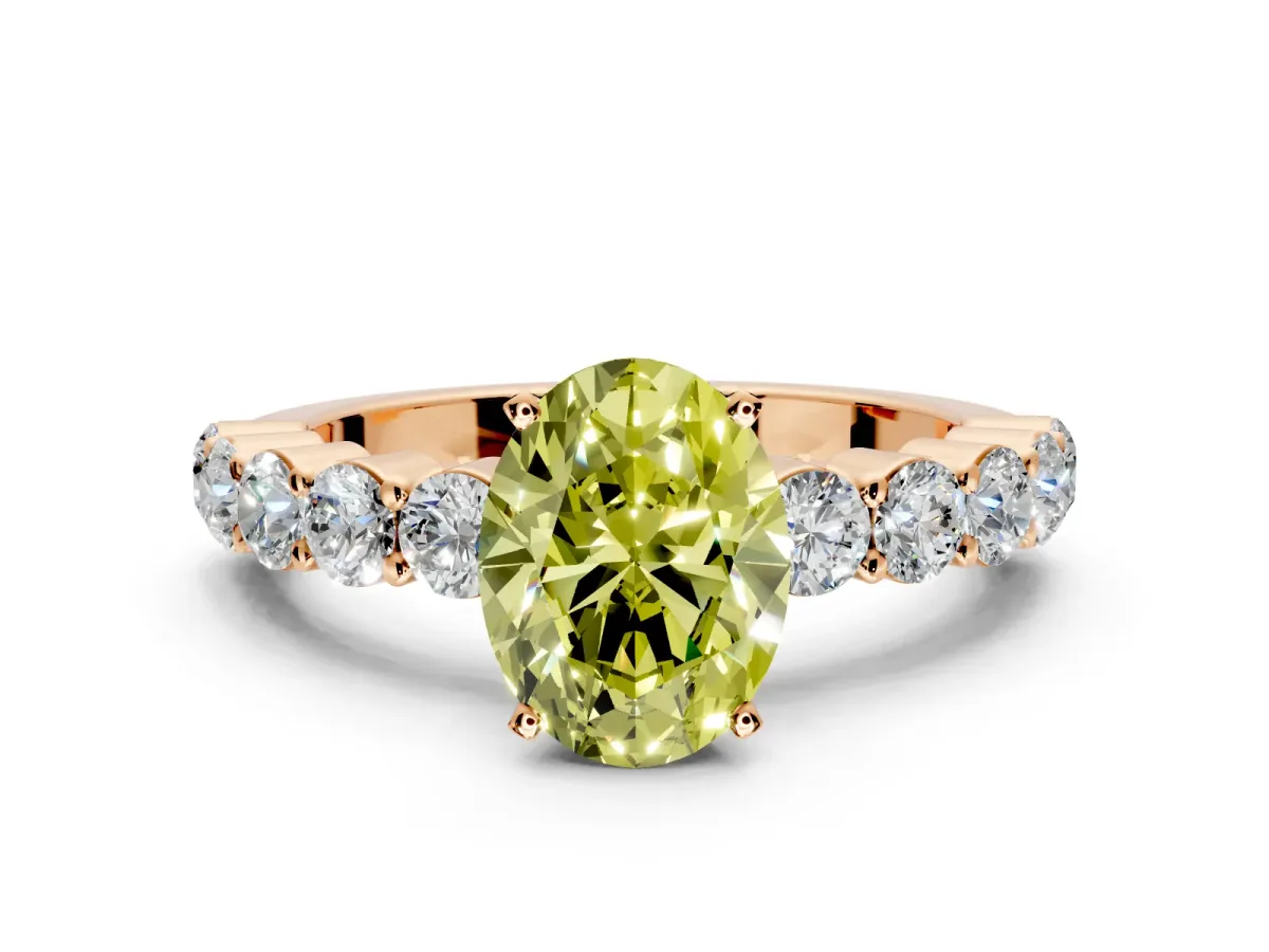 Shared-Prong Engagement Ring Setting for Fancy Yellow Oval Center with Graduated Accents and Prong Head in Rose Gold