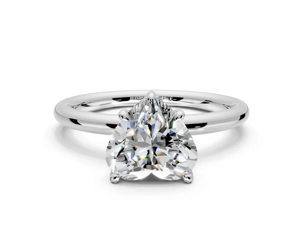 Hidden Halo Engagement Ring Setting for Heart-Shaped Center with Thin Rounded Band and Prong Head in Platinum