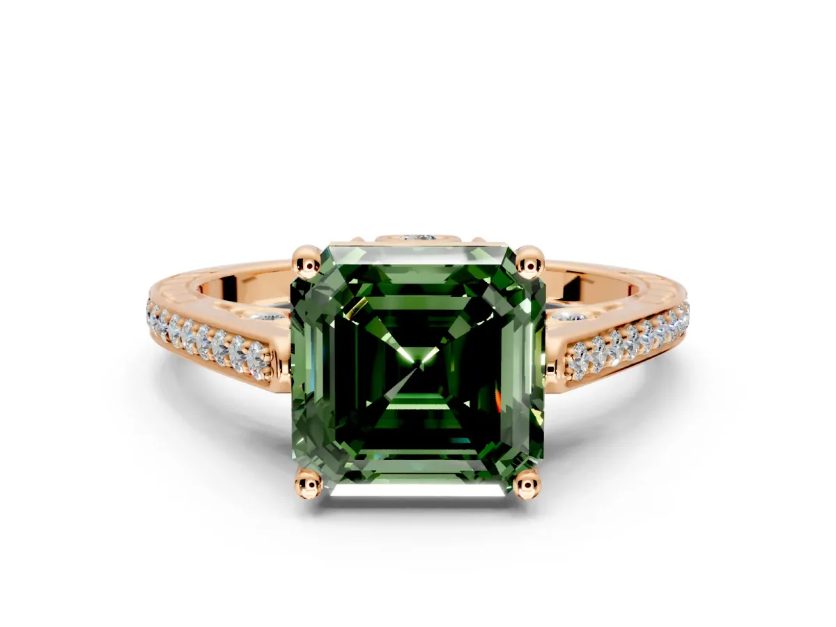 Cathedral Engagement Ring Setting for Fancy Green Asscher Cut Center with Antique-Style Pave Band and Prong Head in Rose Gold