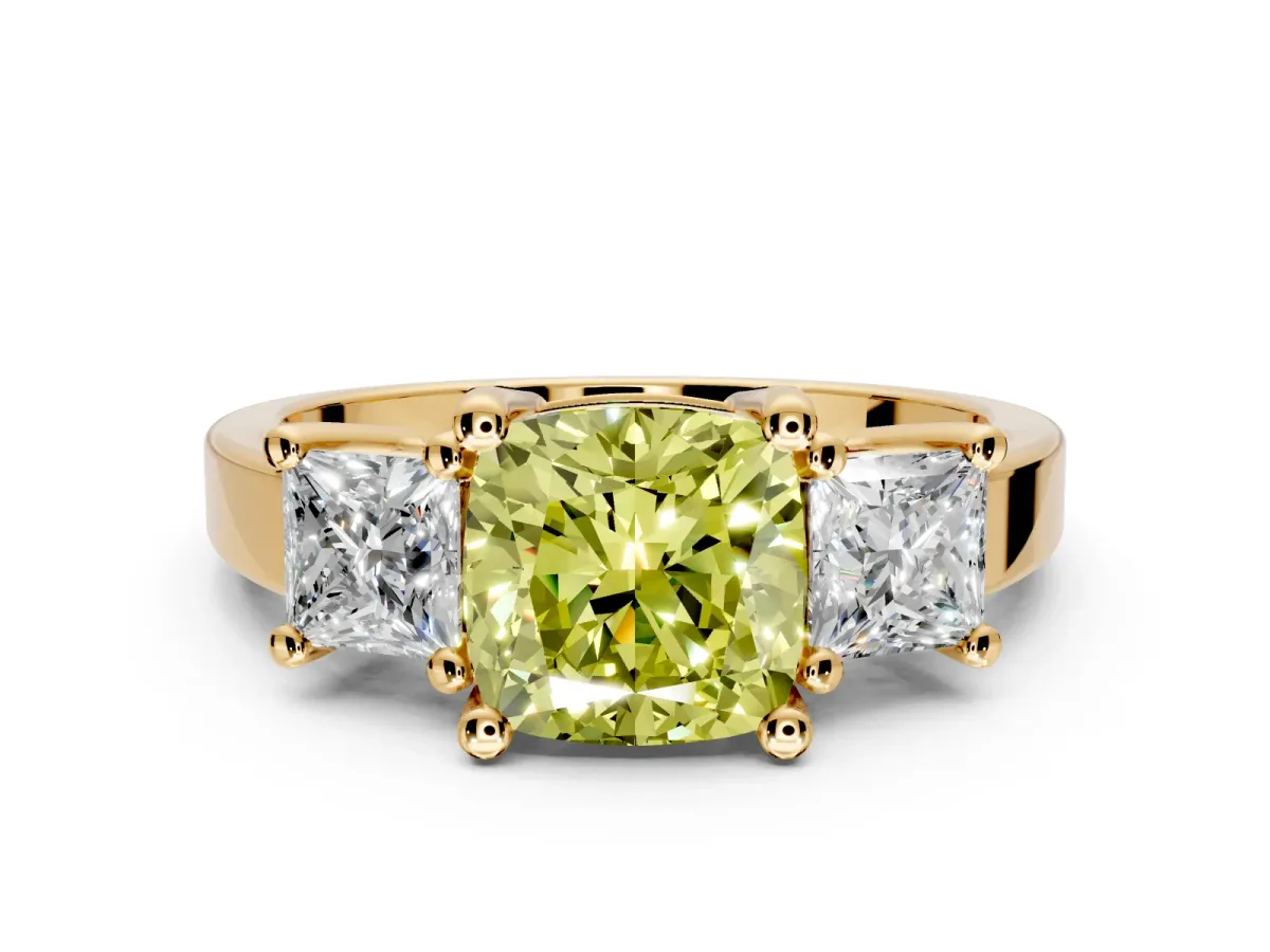 3 Stone Engagement Ring Setting for Fancy Yellow Cushion Cut Center with Matching Side Accents and Prong Head in Yellow Gold
