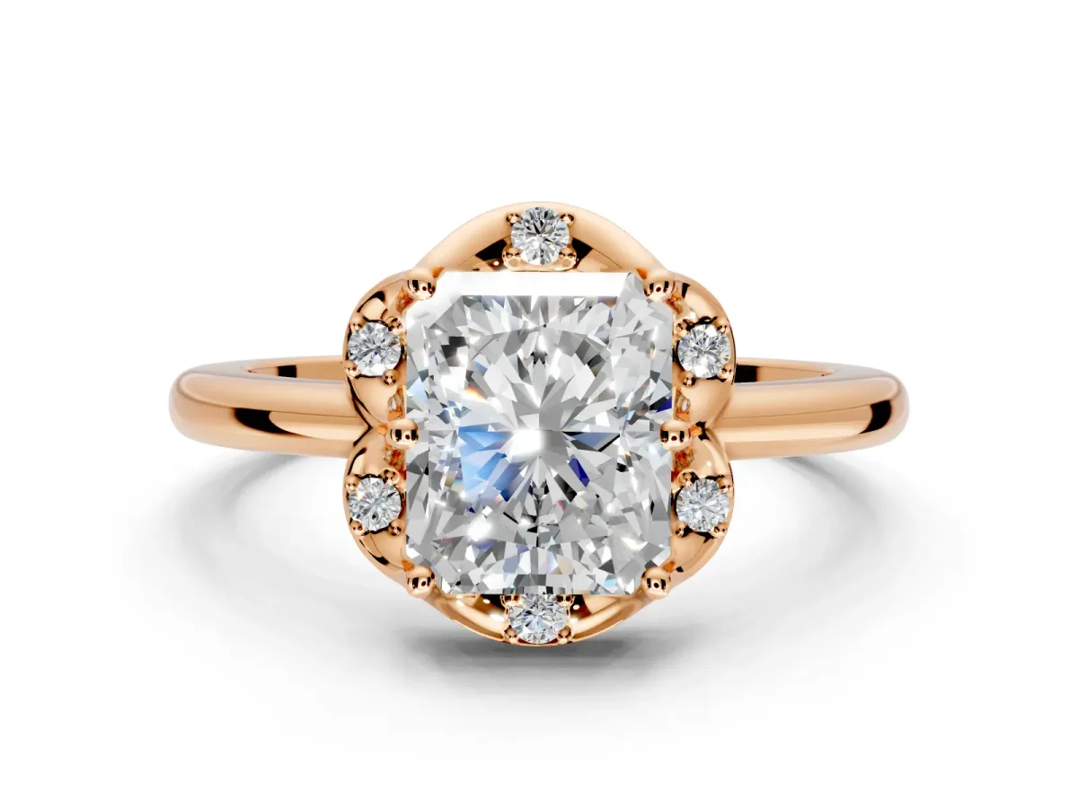 Floral Frame Engagement Ring Setting for Radiant Cut Center with Accent Clusters and Prong Head in Rose Gold