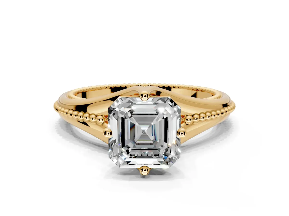 Solitaire Engagement Ring Setting for Asscher Cut Center with Milgrain Cathedral Band and Prong Head in Yellow Gold