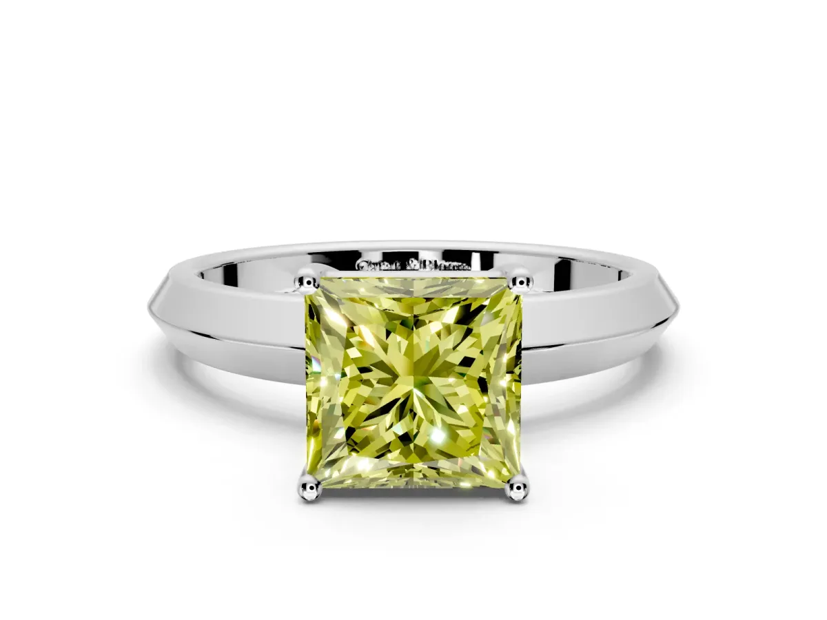 Solitaire Engagement Ring Setting for Fancy Yellow Princess Cut Center with Wide Knife Ridge Band and Prong Head in White Gold