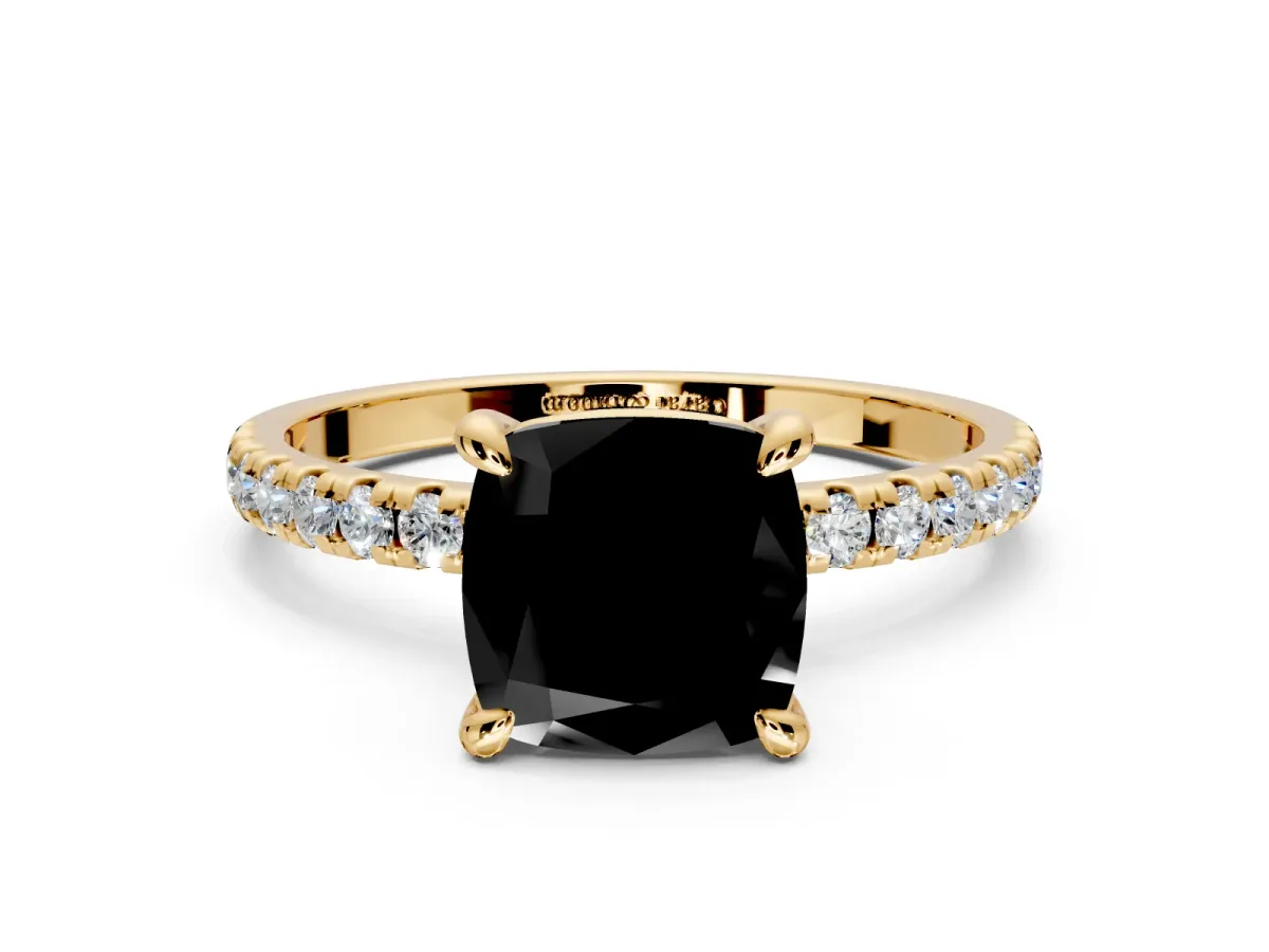 Solitaire Engagement Ring Setting for Fancy Black Cushion Cut Center with Fine Pave Narrow Band and Prong Head in Yellow Gold