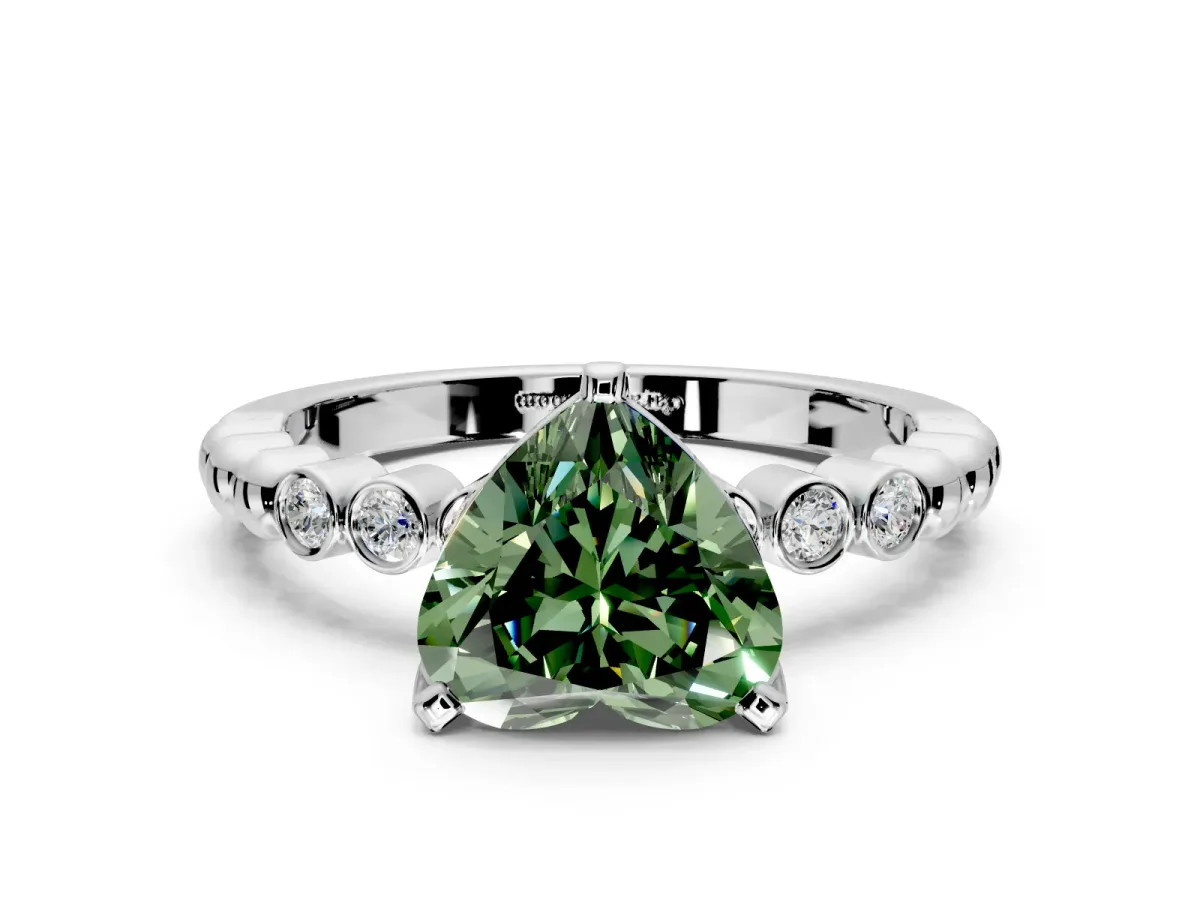 Solitaire Engagement Ring Setting for Fancy Green Heart-Shaped Center with Bezel-Dot Beaded Band and Prong Head in Platinum