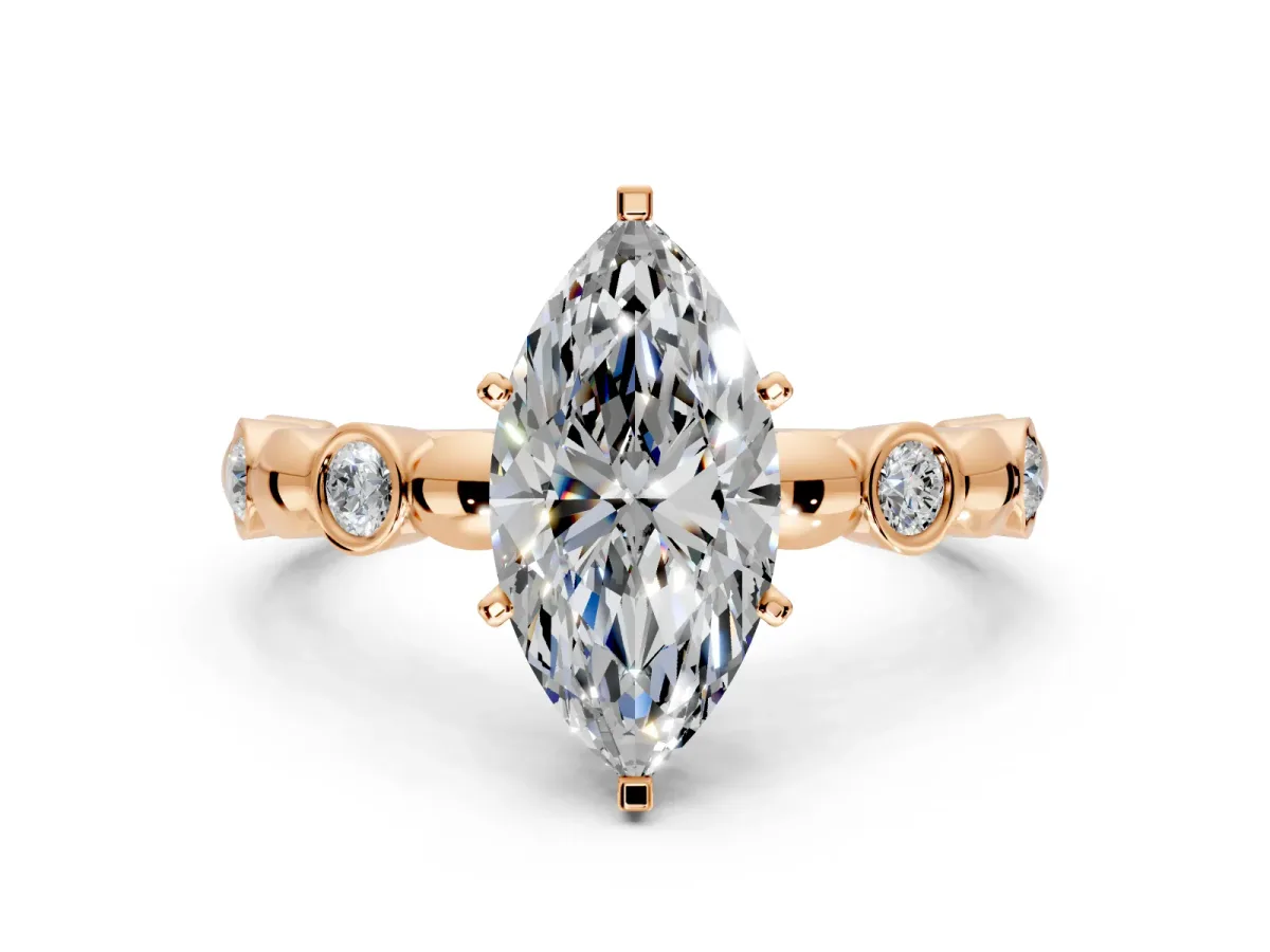 Solitaire Engagement Ring Setting for Marquise Center with Beaded Bezel Station Band and Prong Head in Rose Gold