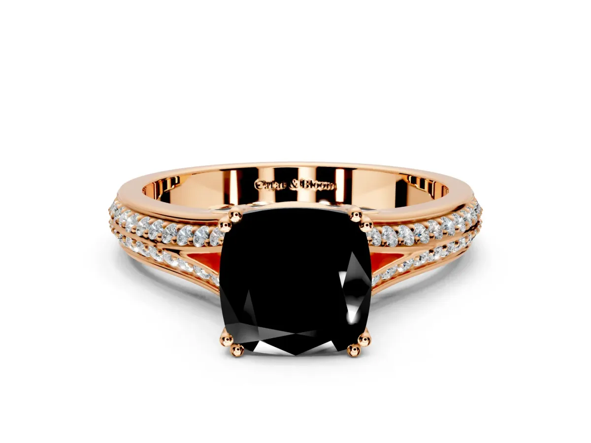 Solitaire Engagement Ring Setting for Fancy Black Cushion Cut Center with Pave Rail Split Shank and Prong Head in Rose Gold