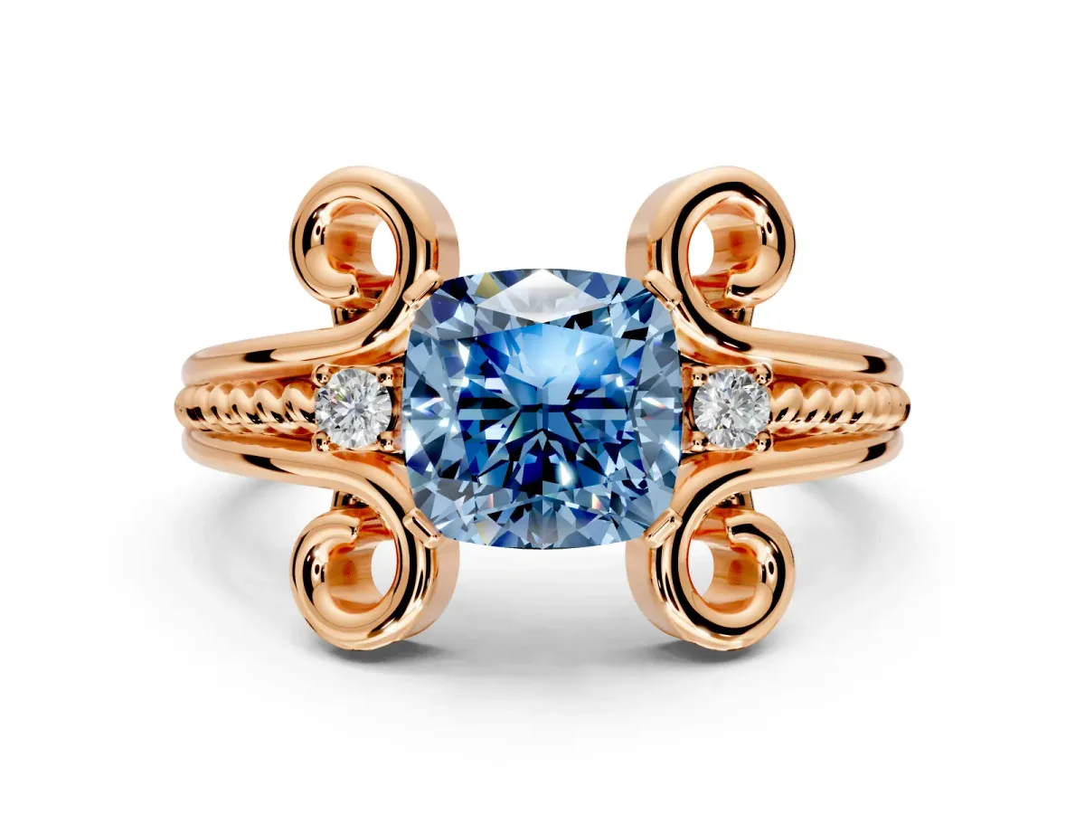 Solitaire Engagement Ring Setting for Fancy Blue Cushion Cut Center with Twisted Band and Scroll Prong Head in Rose Gold