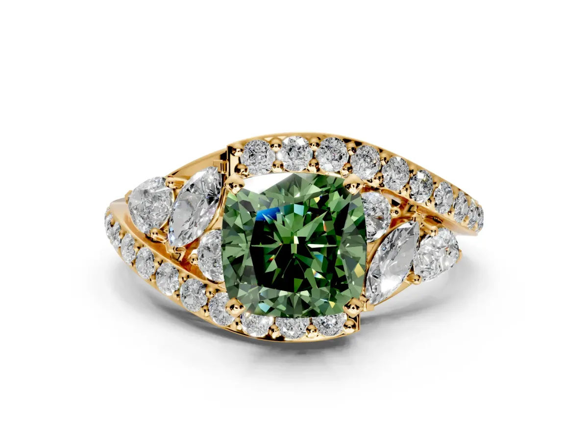 Halo Engagement Ring Setting for Fancy Green Cushion Cut Center with Marquise and Pave Bypass Band and Prong Head in Yellow Gold