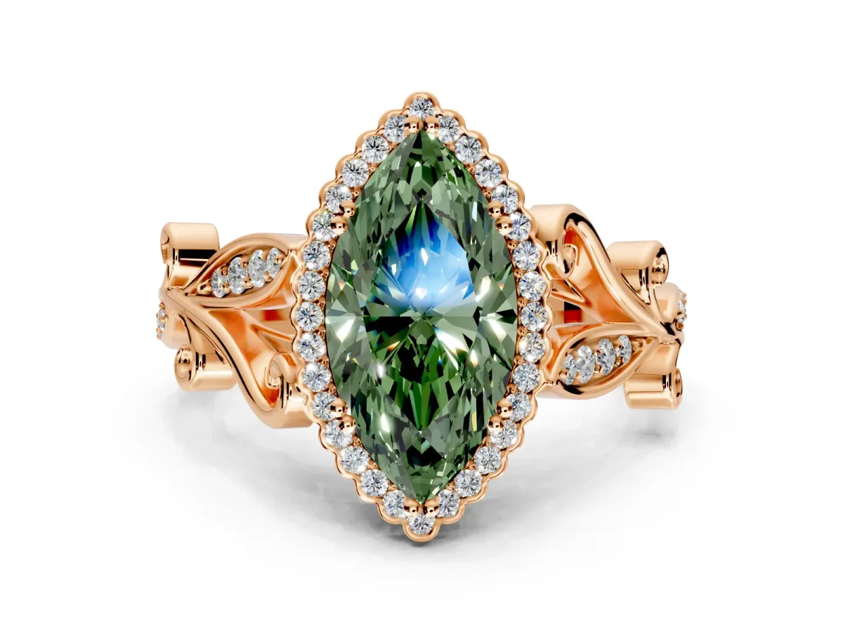 Halo Engagement Ring Setting for Fancy Green Marquise Center with Leaf Motif Split Shank and Prong Head in Rose Gold