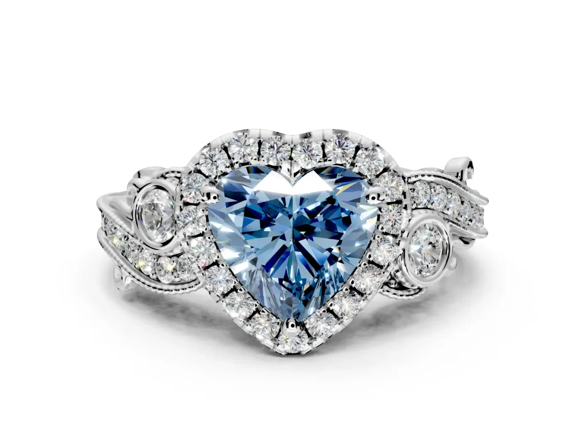 Milgrain Halo Engagement Ring Setting for Fancy Blue Heart-Shaped Center with Shoulder Bezels and Prong Head in White Gold