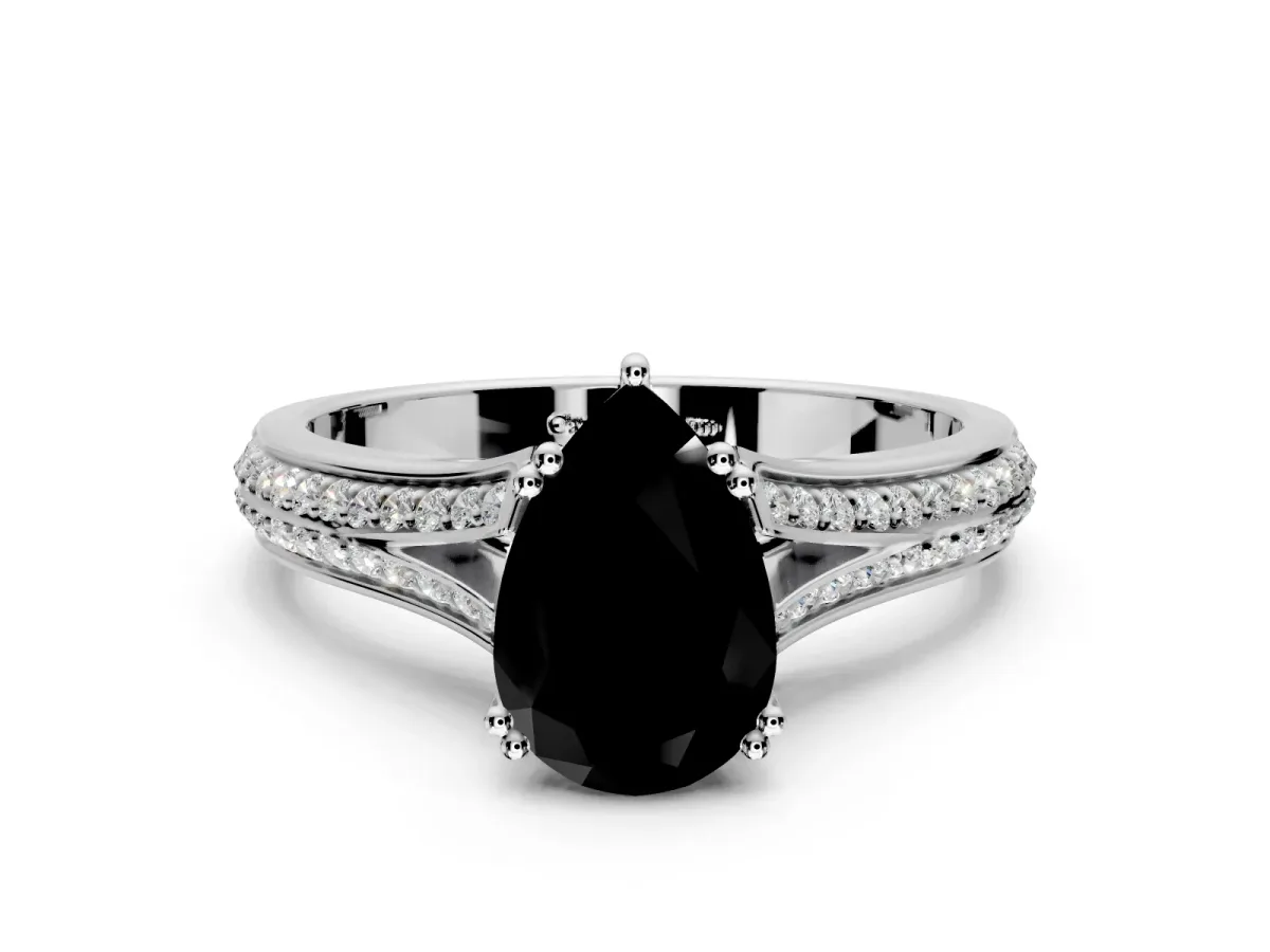 Solitaire Engagement Ring Setting for Fancy Black Pear-Shaped Center with Pave Rail Split Shank and Prong Head in Sterling Silver