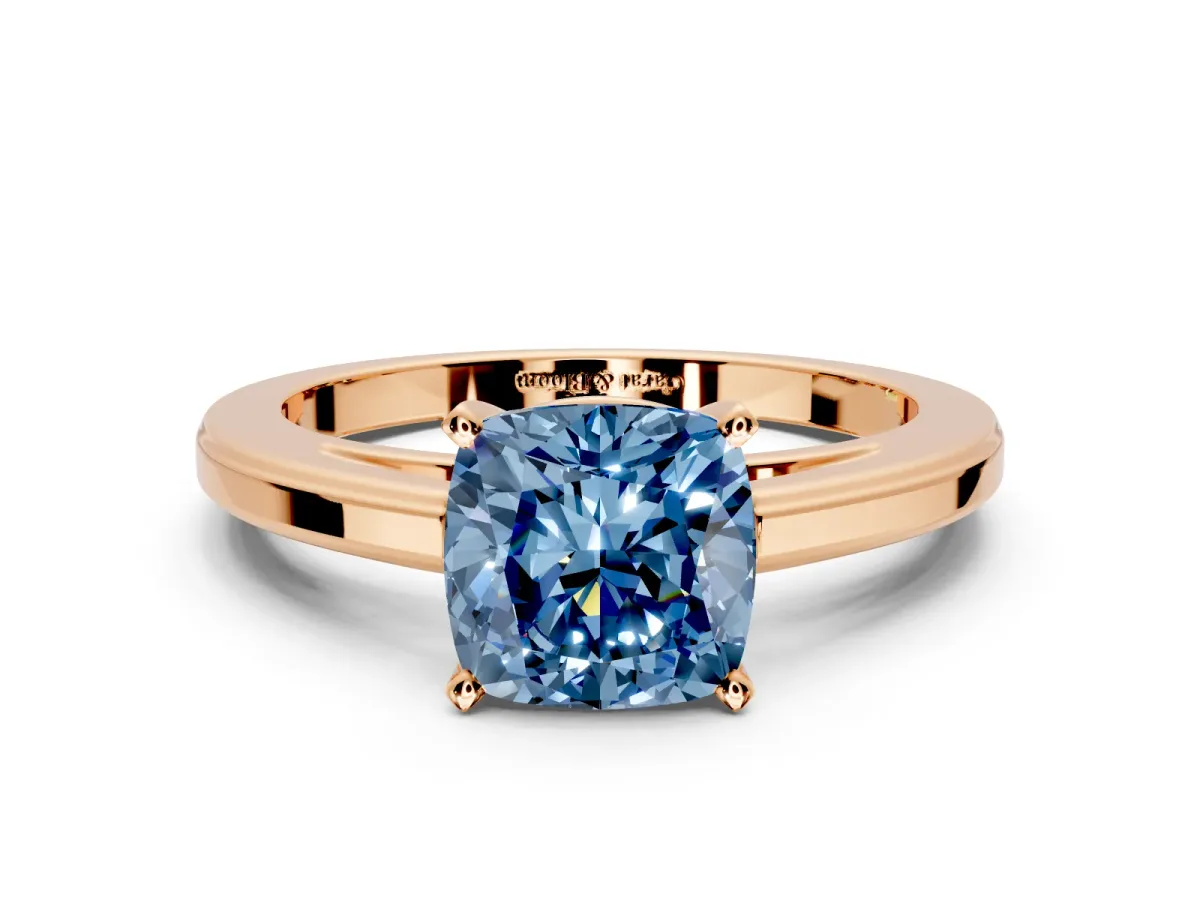 Solitaire Engagement Ring Setting for Fancy Blue Cushion Cut Center with Flat-Sided Plain Band and Prong Head in Rose Gold
