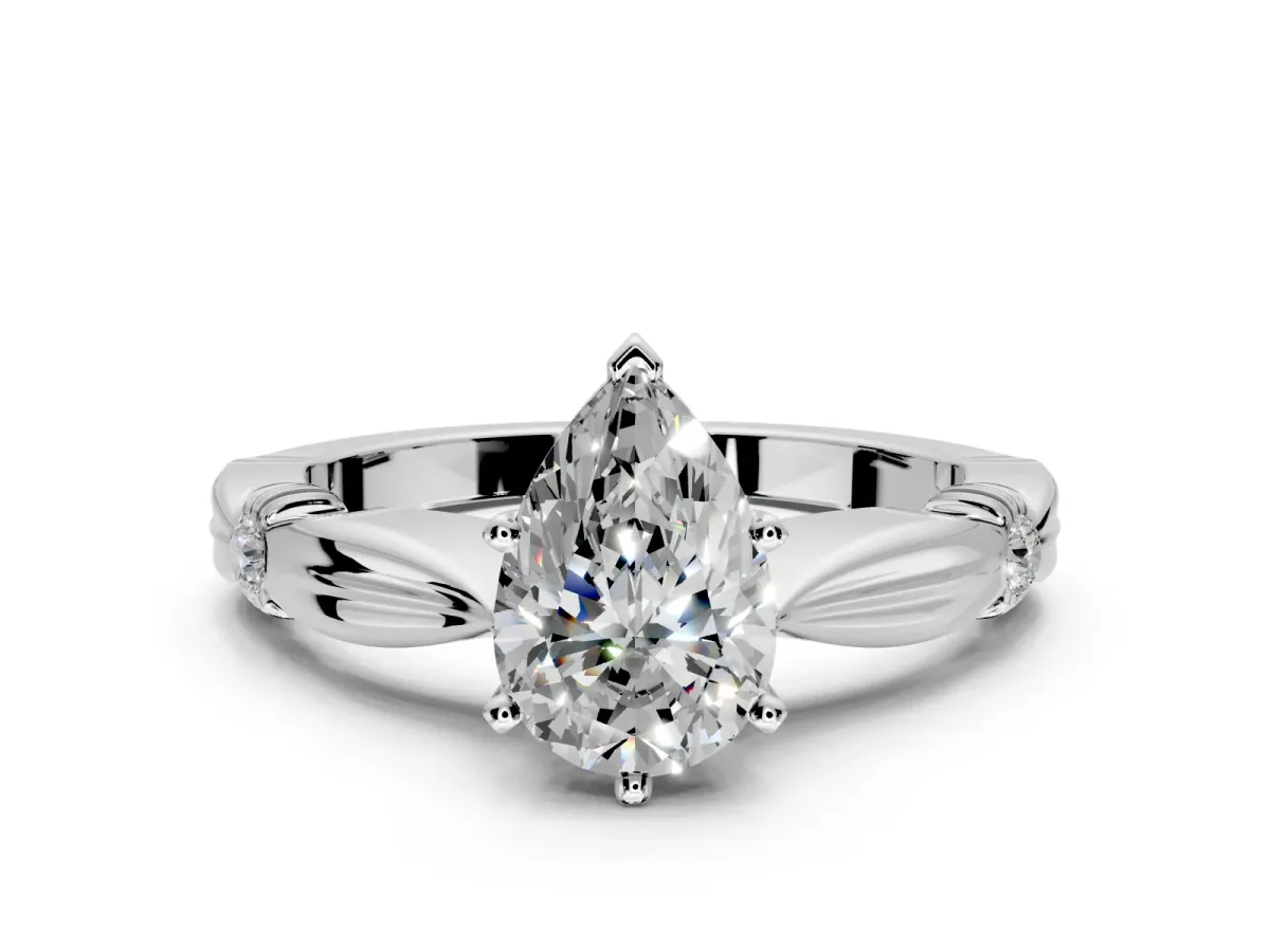 Solitaire Engagement Ring Setting for Pear-Shaped Center with Carved Leaf Shoulders and Prong Head in White Gold