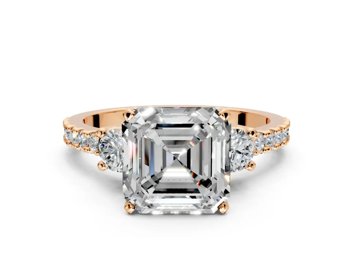 3 Stone Engagement Ring Setting for Asscher Cut Center with Round Cut Side Accents and Prong Head in Rose Gold