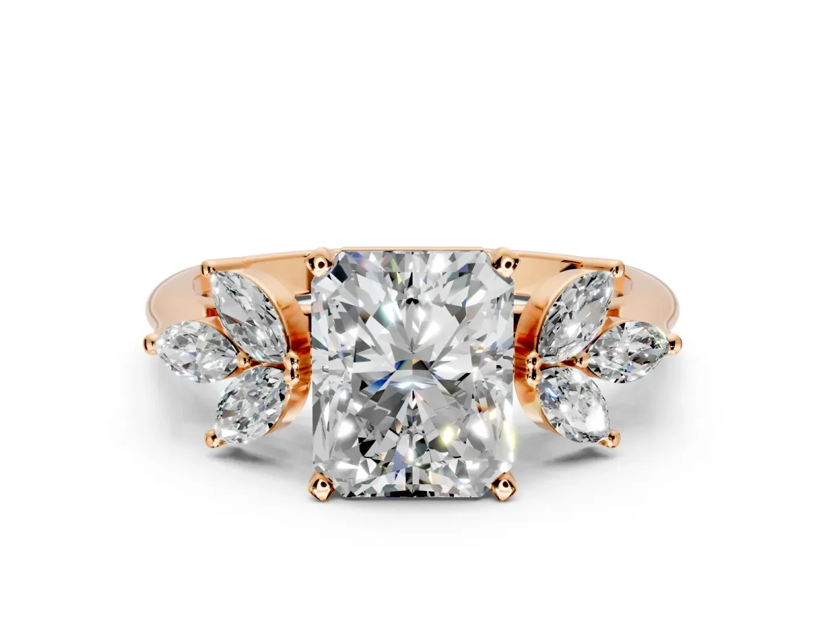 Floral Cluster Engagement Ring Setting for Radiant Cut Center with Marquise Accents and Prong Head in Rose Gold