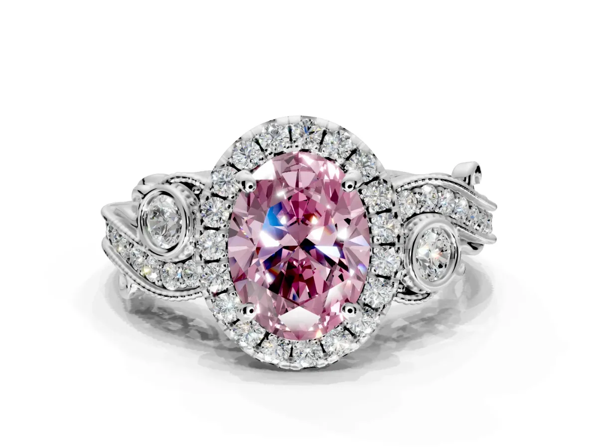 Milgrain Halo Engagement Ring Setting for Fancy Pink Oval Center with Shoulder Bezels and Prong Head in Platinum