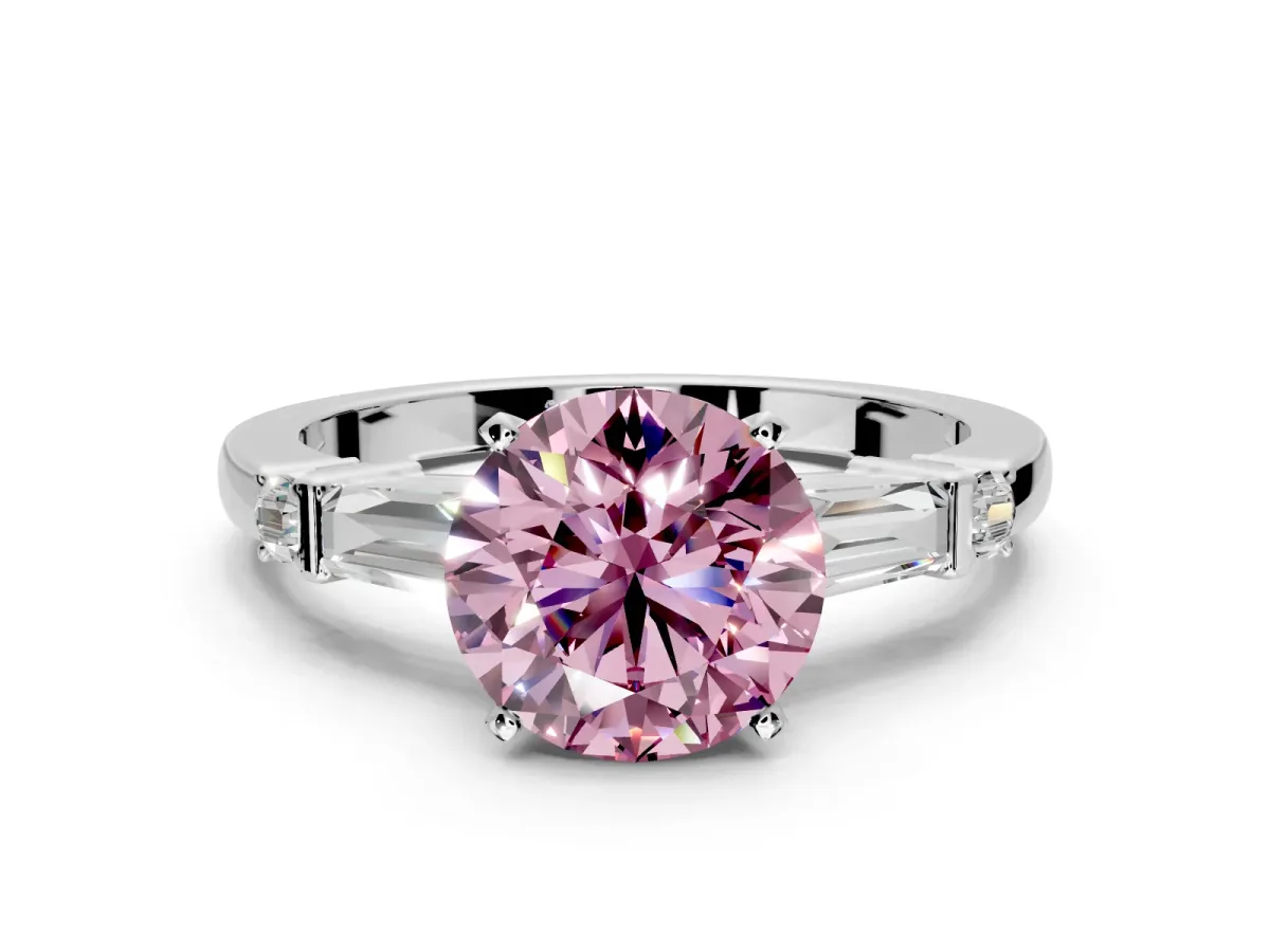 Bar-Set Engagement Ring Setting for Fancy Pink Round Cut Center with Tapered Baguette Accents and Prong Head in Platinum
