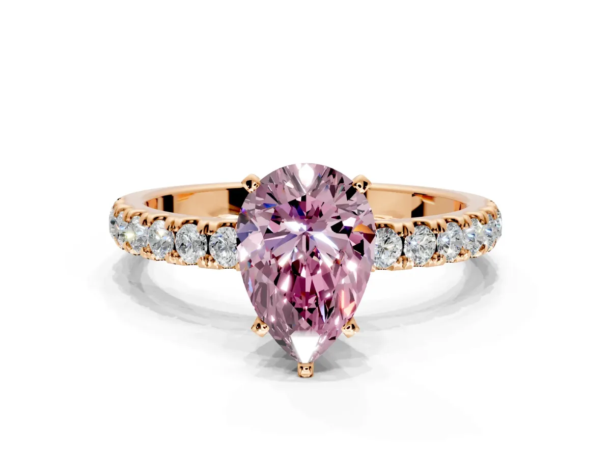 Open Basket Engagement Ring Setting for Fancy Pink Pear-Shaped Center with Pave Band and Prong Head in Rose Gold