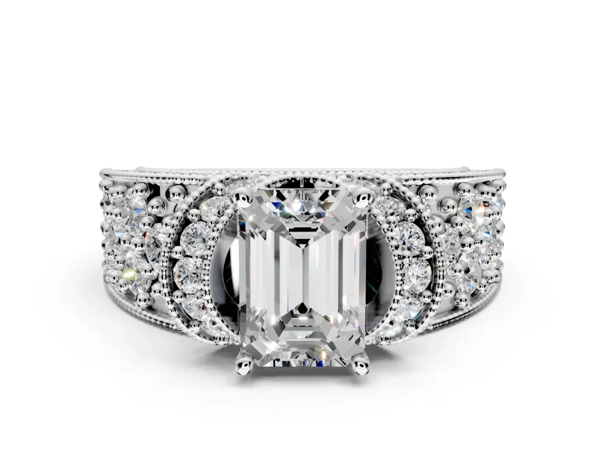 Pave Engagement Ring Setting for Emerald Cut Center with Curved Accent Rows, Openwork and Prong Head in Platinum