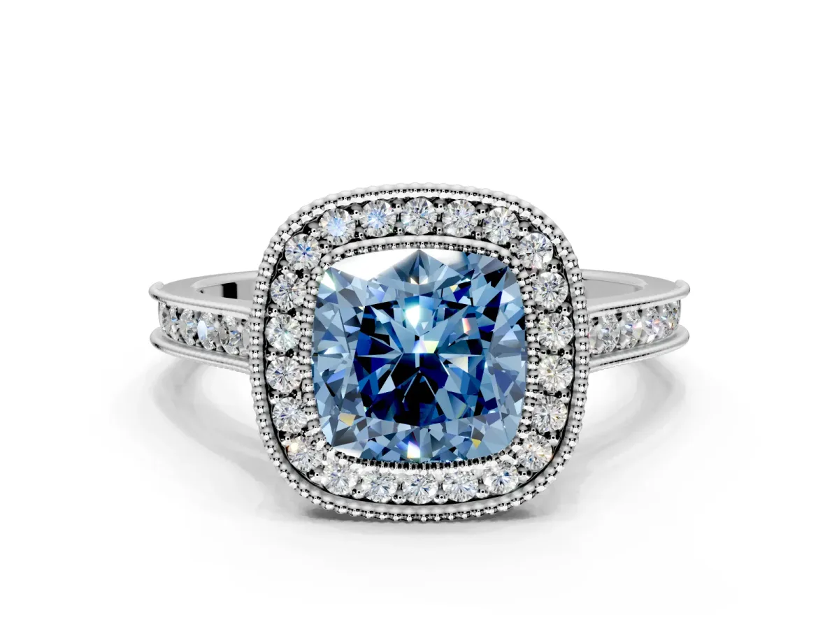 Halo Engagement Ring Setting for Fancy Blue Cushion Cut Center with Milgrain Pave Band and Bezel Head in Platinum