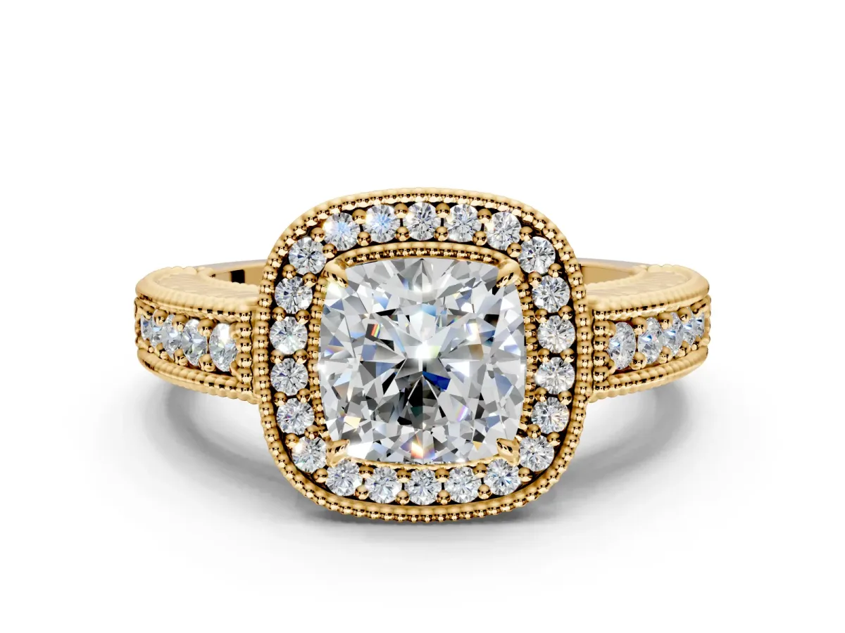 Milgrain Halo Engagement Ring Setting for Cushion Cut Center with Pave Band and Prong Head in Yellow Gold