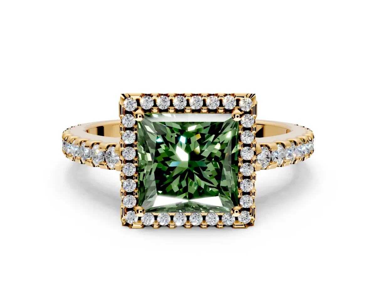 Accent Halo Engagement Ring Setting for Fancy Green Princess Cut Center with Full-Length Pave Band and Prong Head in Yellow Gold