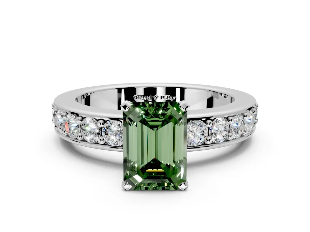 Solitaire Engagement Ring Setting for Fancy Green Emerald Cut Center with Channel-Set Accents and Prong Head in Sterling Silver