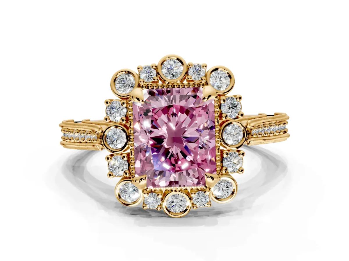 Milgrain Halo Engagement Ring Setting for Fancy Pink Radiant Cut Center with Bezel Point Accents and Prong Head in Yellow Gold